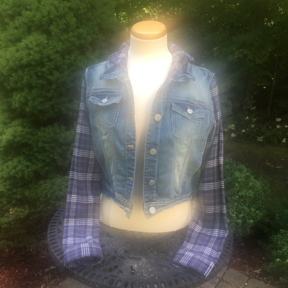 Denim jacket with flannel hood and sleeves